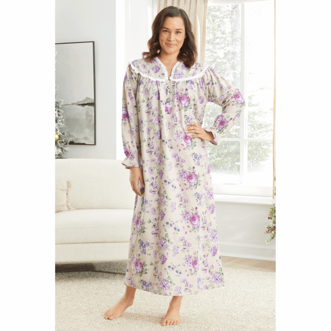 Flannel Cotton Nightgown with Lace Trim, , large