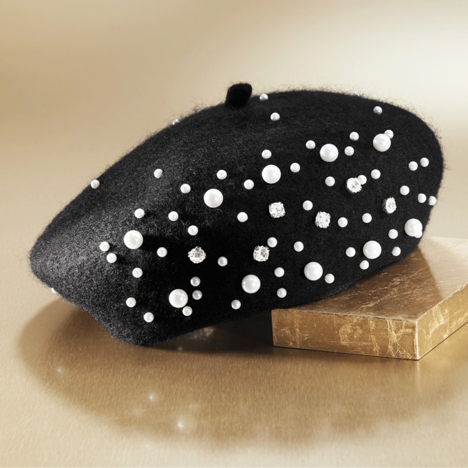 Women's Beret Studded with Faux Pearls and Rhinestones, Black, large