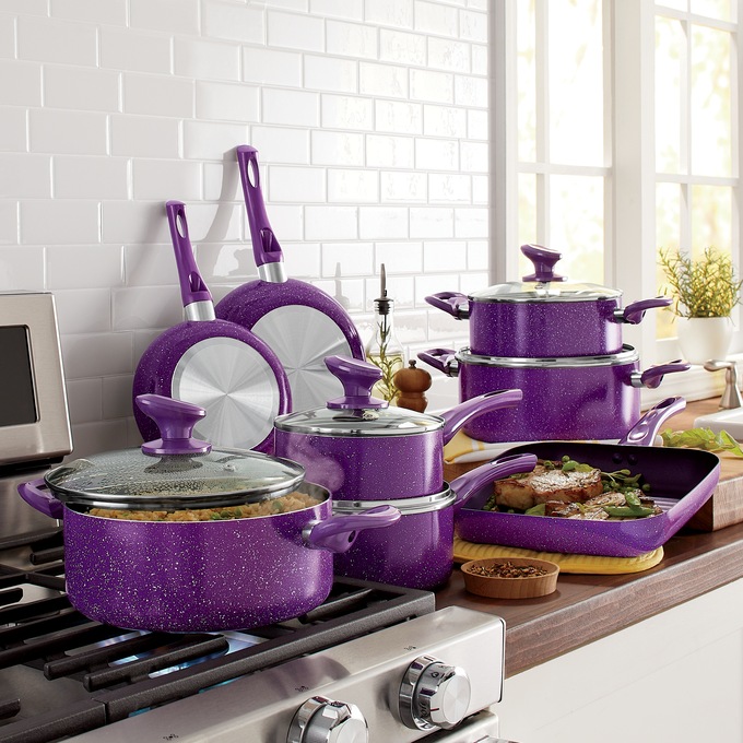 Aoibox 16-Piece Ceramic Kitchen Cookware Pots and Frying Sauce Saute Pans Set, Lavender, Purple