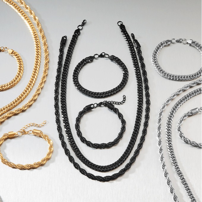 Men&lsquo;s 4-Piece Stainless Steel Chain Necklace/Bracelet Set, , large