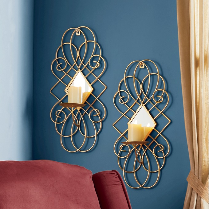 Set of 2 Golden Scroll Sconces, , large