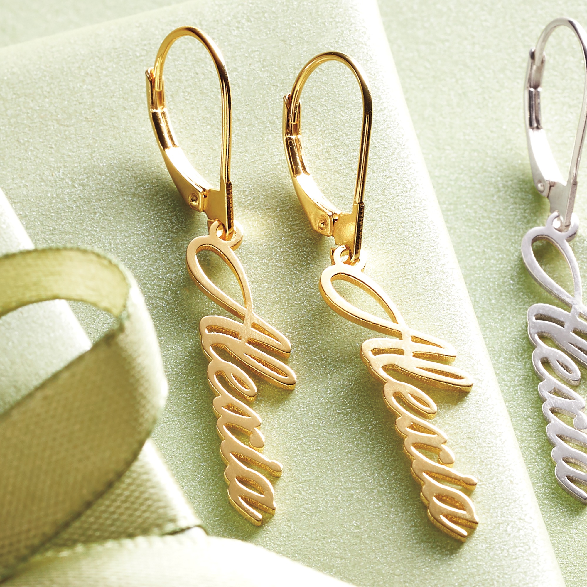 Name Leverback Earrings, Gold over Sterling Silver, large