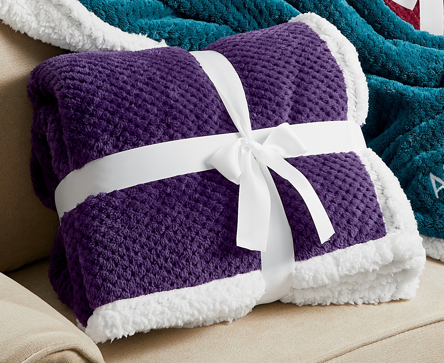 Cozy Textured Fleece Sherpa Reversible Throw, Plum, large