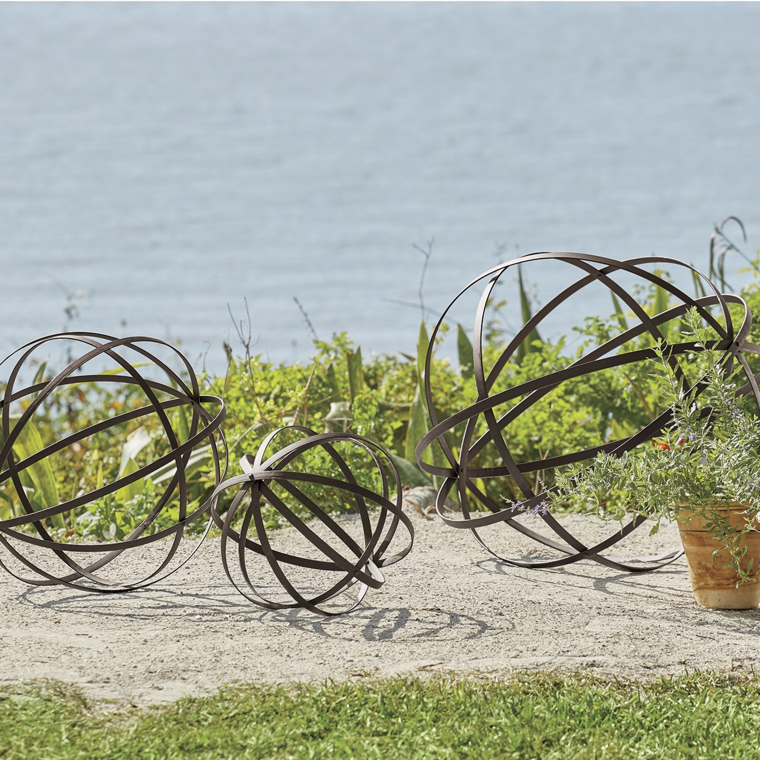 Set Of 3 Metal Band Garden Spheres Ginny S