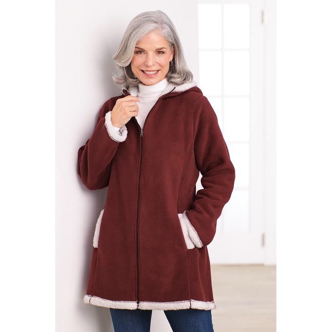 Women's Microfleece Zip-Front Coat with Faux-Sherpa Lining and Hood, , large