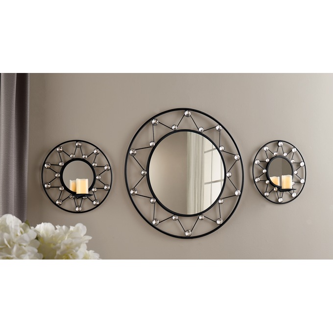 Round Gem Mirror &amp; 2 Round Gem Mirrored Sconces - Buy All and Save, , large