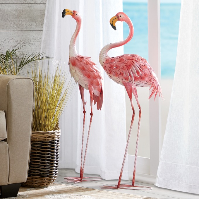 2-Piece Tall Metal Flamingo Figurine Set, , large