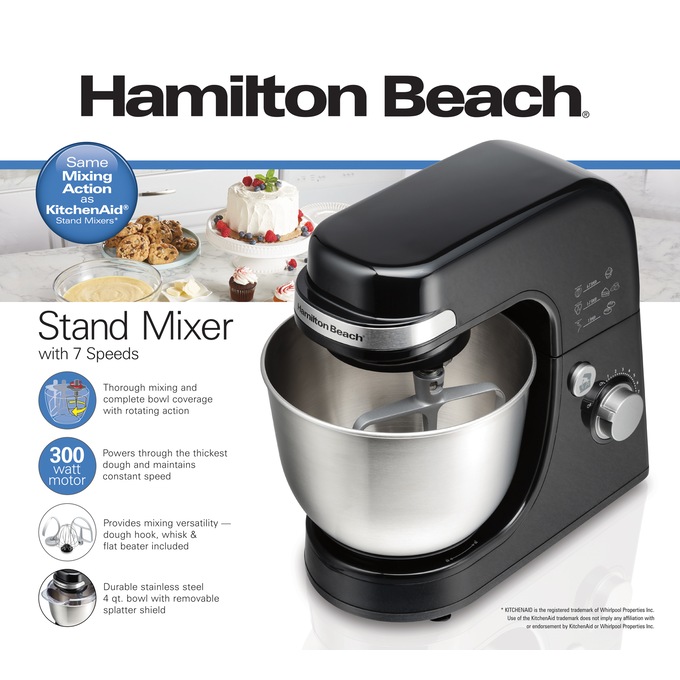 Hamilton Beach Electric Stand Mixer, 4 Quarts, Dough Hook, Flat