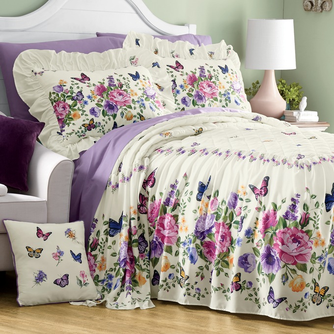 Butterfly Floral Skirted Bedspread, , large
