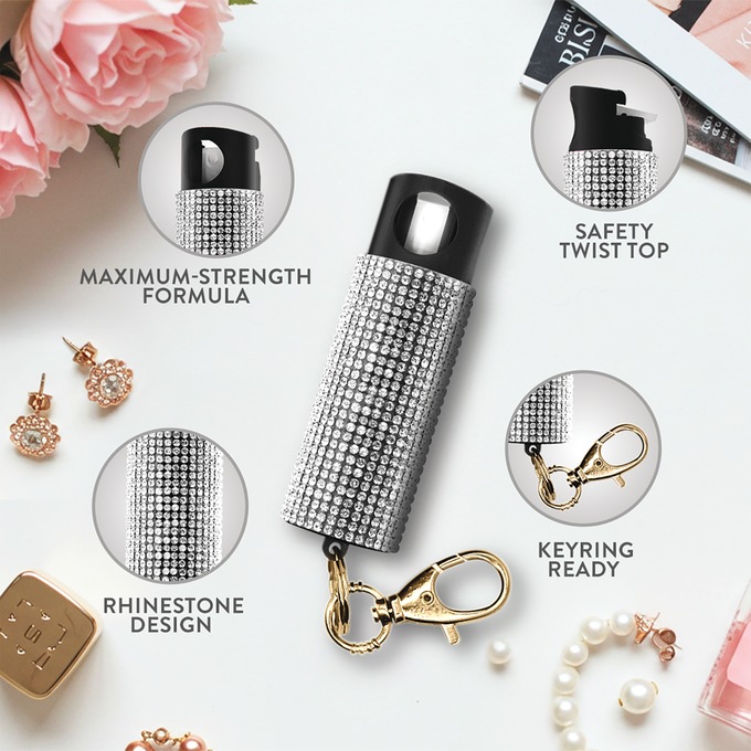 Rhinestone Pepper Spray Keychain with 16-Ft. Range and UV Dye by Guard Dog Security, White, large