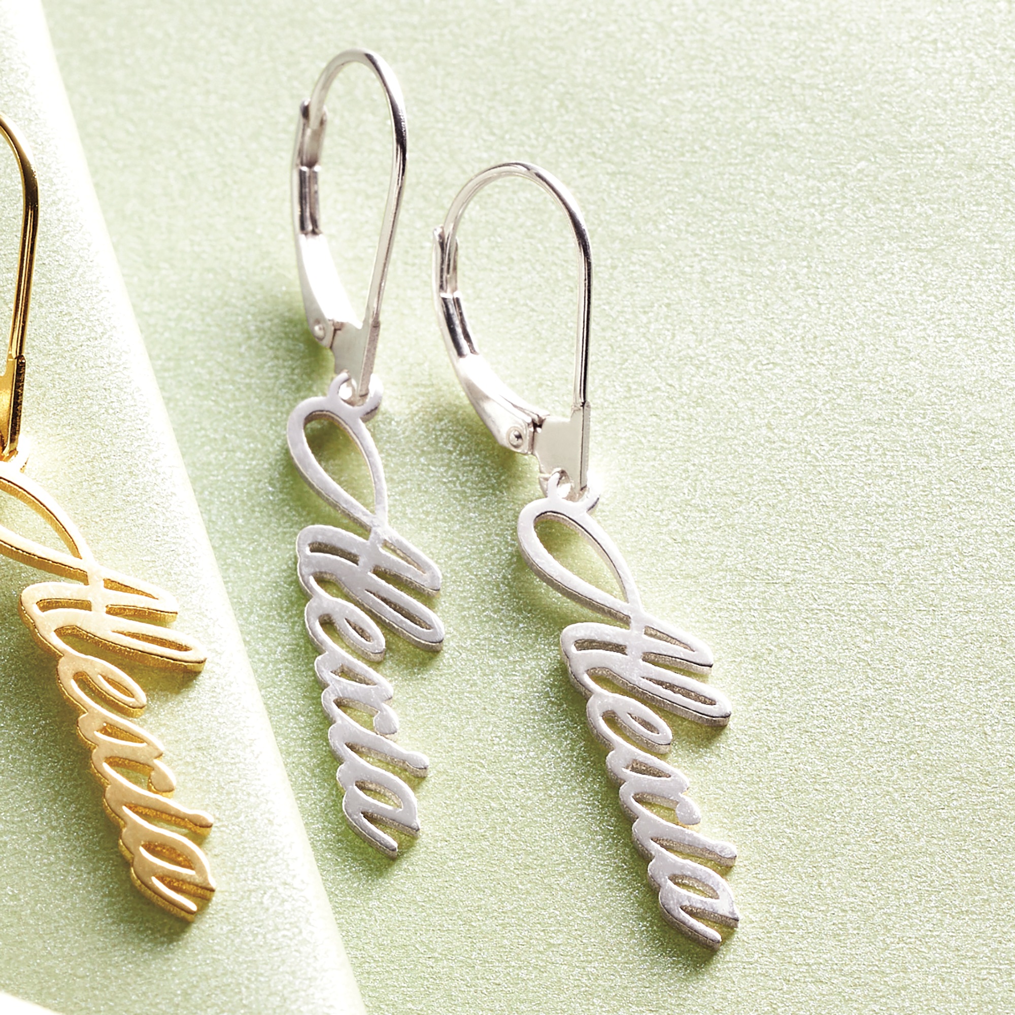 Name Leverback Earrings, Sterling Silver, large
