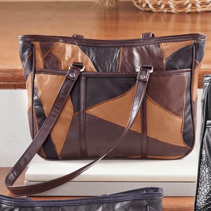 Patched Tote Bag, Brown, large