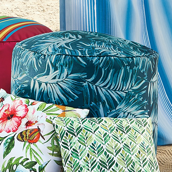 Outdoor Pouf, Navy Palms, large