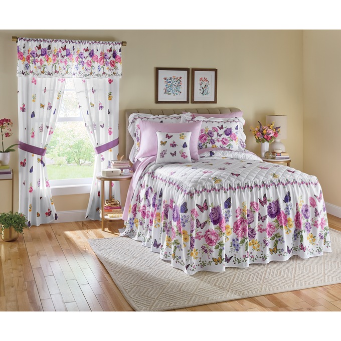 Butterfly Floral Skirted Bedspread, Sham, Pillow and Window Treatments, , large