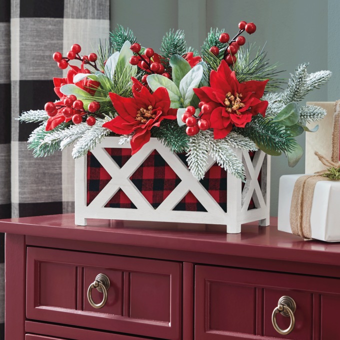 Lit Berry Poinsettia in Wooden Planter, , large
