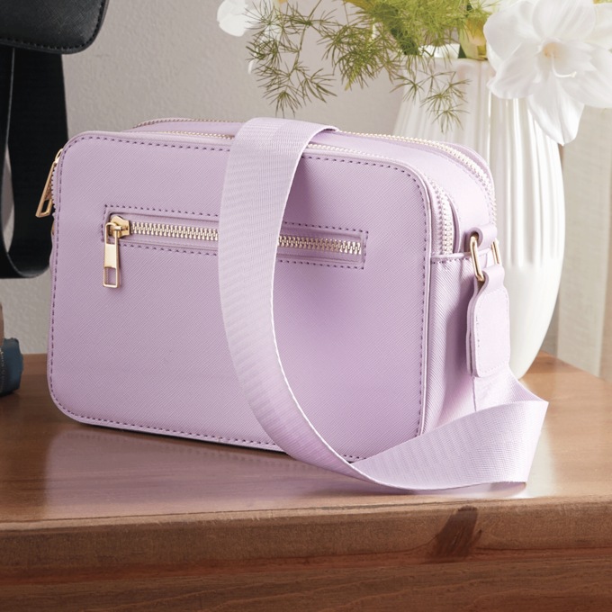 Faux Leather Square Crossbody with Zip Closures, Lilac, large
