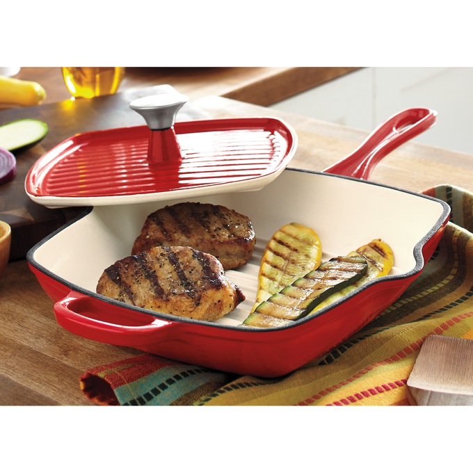Enameled Cast Iron Grill Pan with Press, Red, large