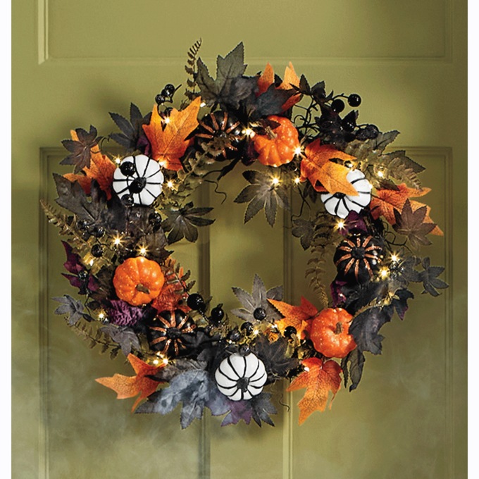 Lit Holiday Halloween Floral Wreath, , large