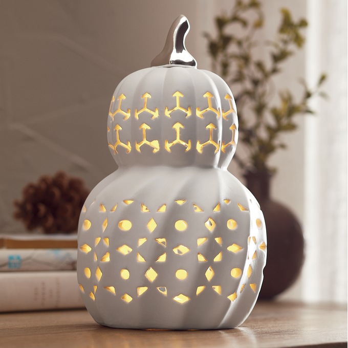 Lit White Stacked Ceramic Pumpkin, , large