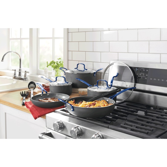 Chef Tested 12-Piece Metallic Handle Cookware Set, Black with Metallic Blue Handles, large