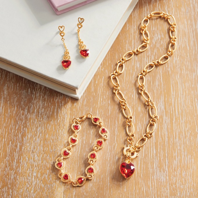 Red Heart/Crystal Necklace, Bracelet & Earrings Set, , large