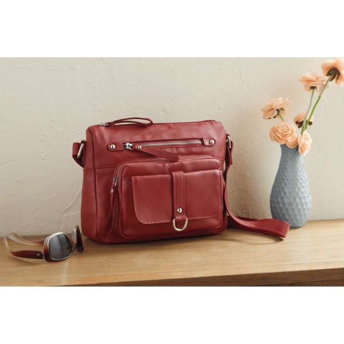 Genuine Leather Tuscany Shoulder Bag with Organized Storage, Tomato, large