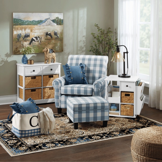 Buffalo Check Armchair and Ottoman, Blue Cream, large