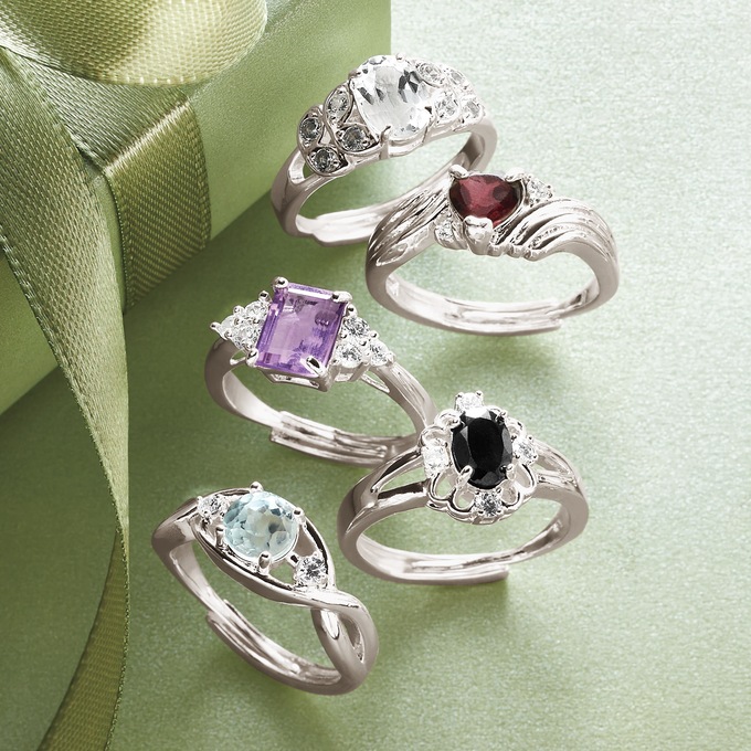 Gemstone 5-Piece Adjustable Ring Set, Silvertone, large