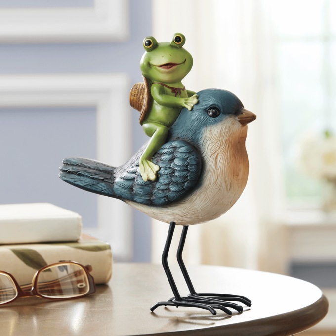 Frog on Bird Figurine, Multi, large