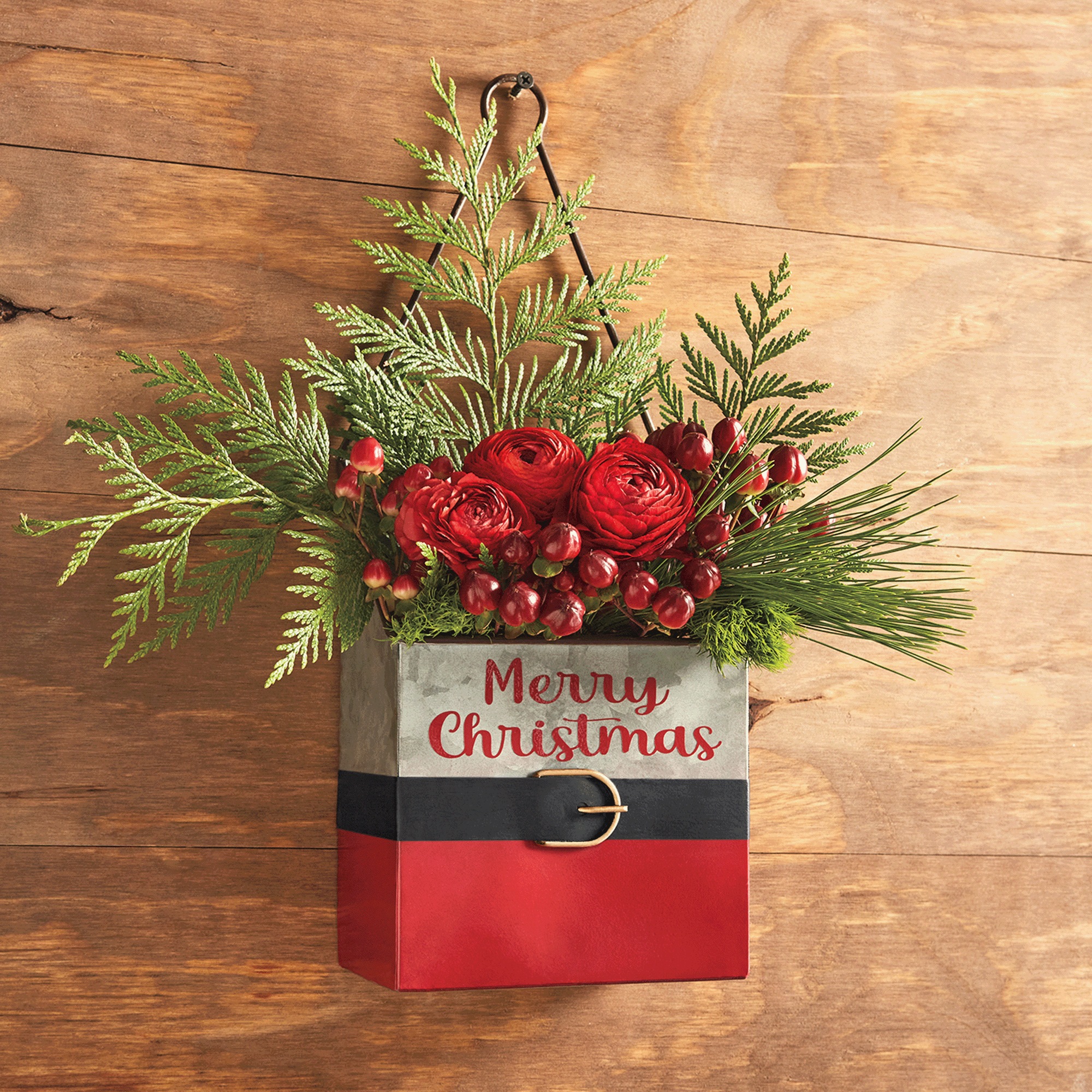 Galvanized Metal Santa Belt Hanging Bucket, , large