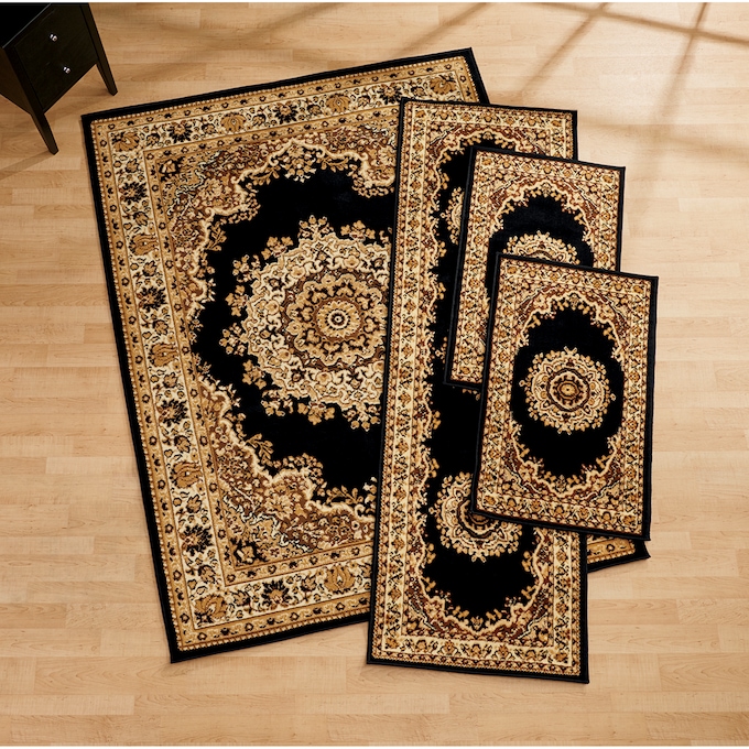 4-Piece Plush Floral Kirman Rug Set with Runner and Mats, Black, large