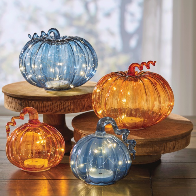 Set of 2 Lit Glass Pumpkins, , large