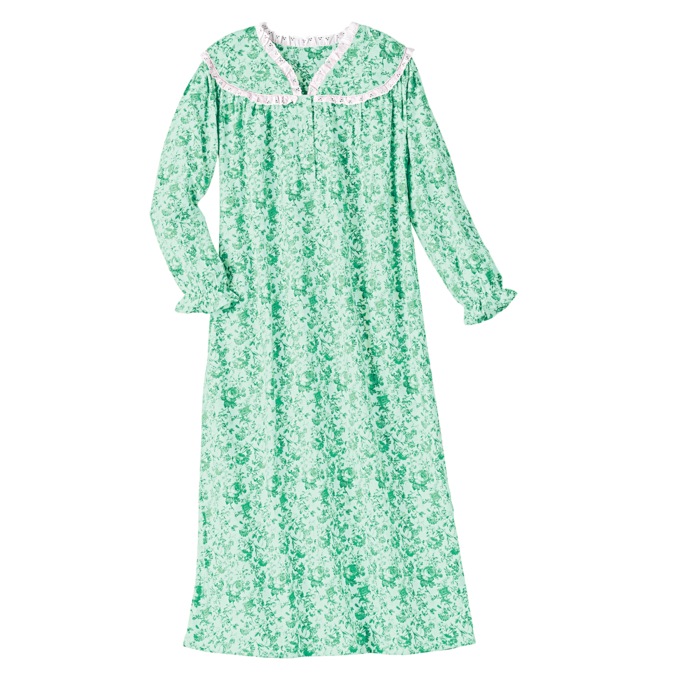 Flannel Cotton Nightgown with Lace Trim, , large