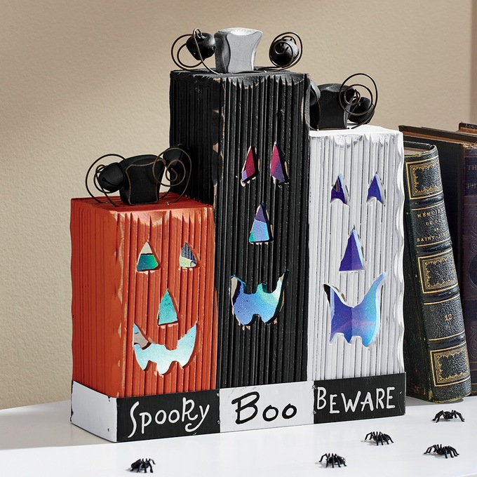 Lit Wood Block Pumpkins, , large