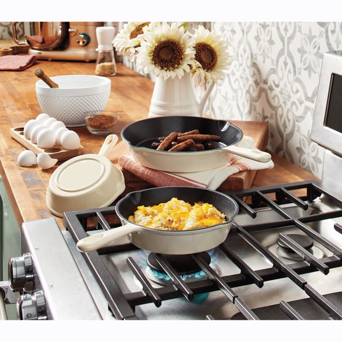 3-Piece Enameled Cast Iron Skillet Set, Cream With Matte Black Interior, large