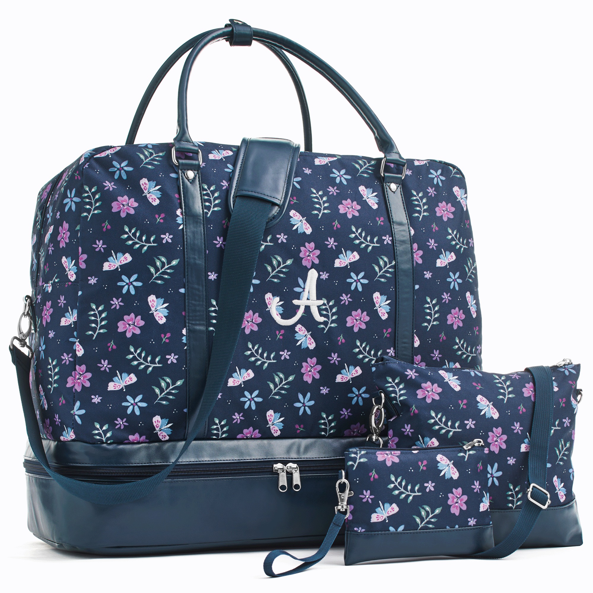 Personalized 3-Piece Weekender Travel Bag Set, Navy Floral, large