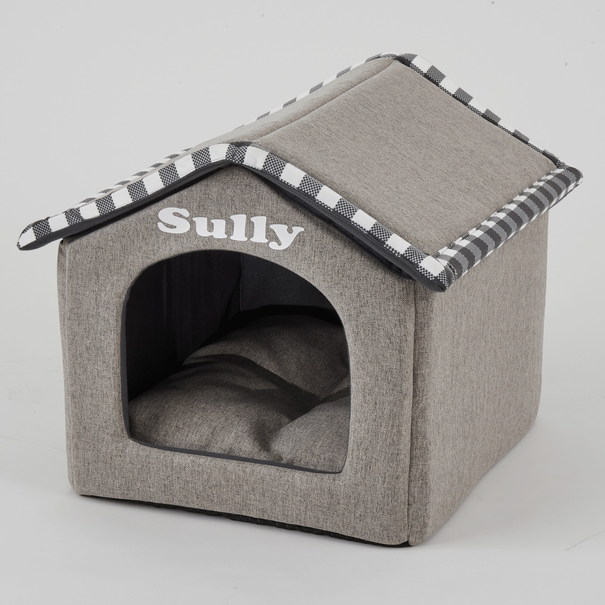 Soft Foldable Pet House, Gray with Gray and White Plaid, large