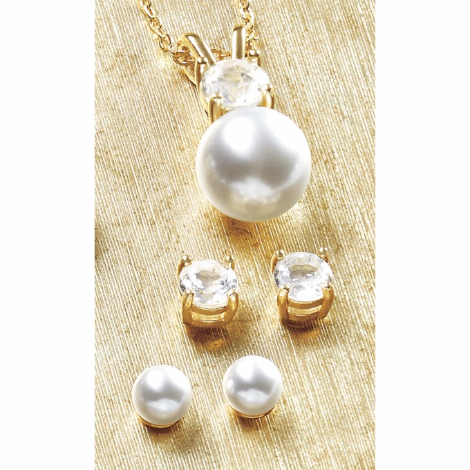 Glass Pearl Gemstone Necklace and 2-Pair Earring Set, White Pearl White Topaz, large