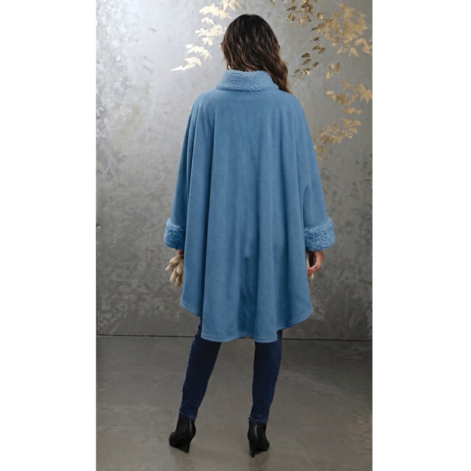Sherpa-Trimmed Matching Fleece Cape with Gloves, Blue, large