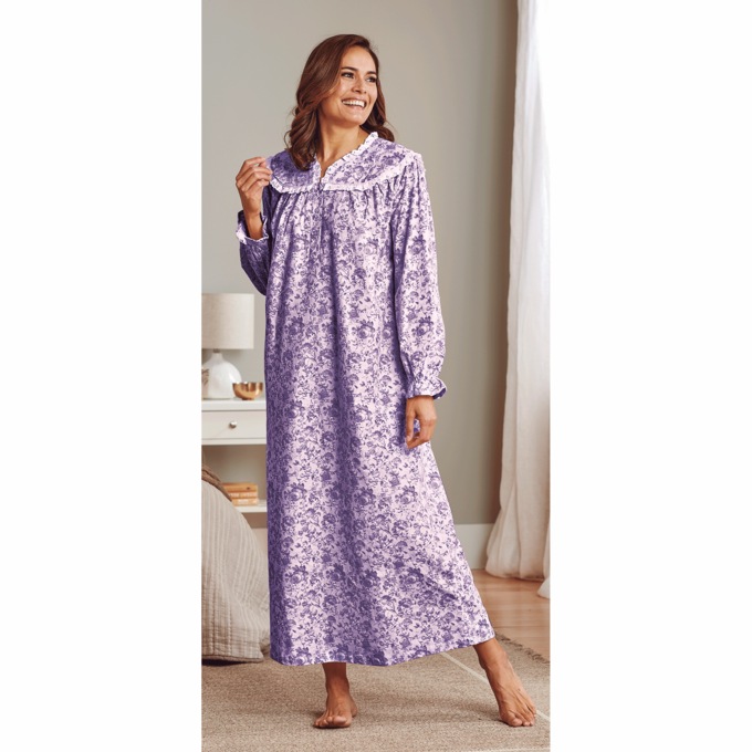 Flannel Cotton Nightgown with Lace Trim, , large
