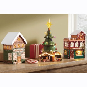 Lit Snowy Village Buildings, , large