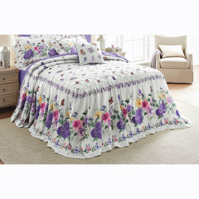 Butterfly Floral Skirted Bedspread, , large