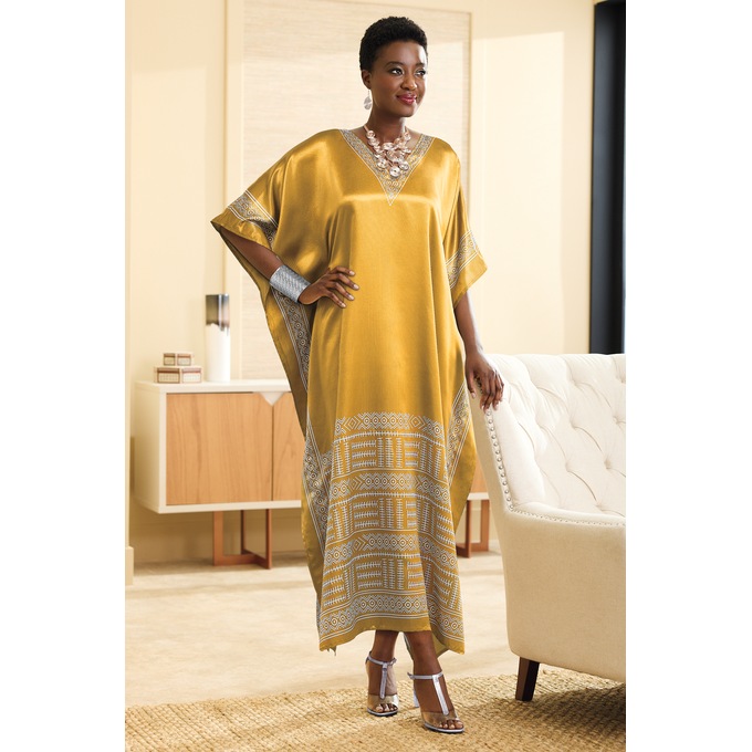 Chi Women's Long Caftan with Regal Border Print, Marigold, large