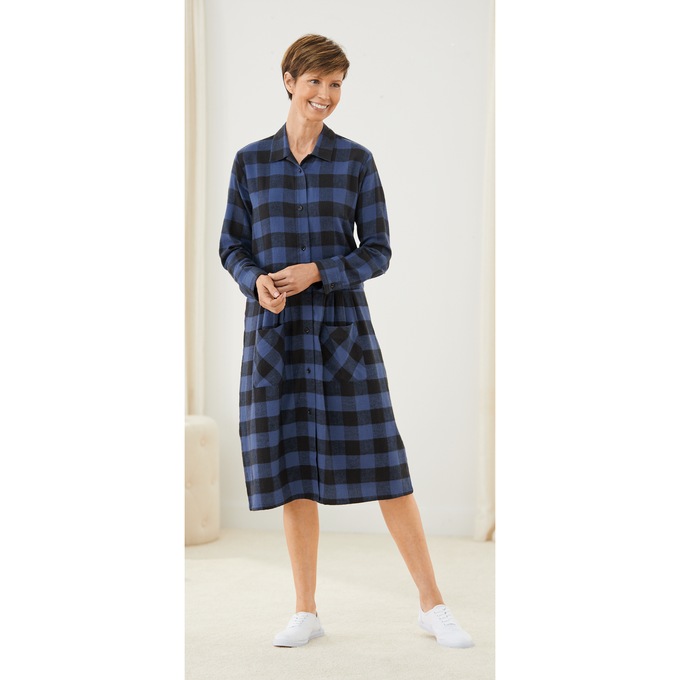 Flannel Cotton Midi Dress with Pockets, , large