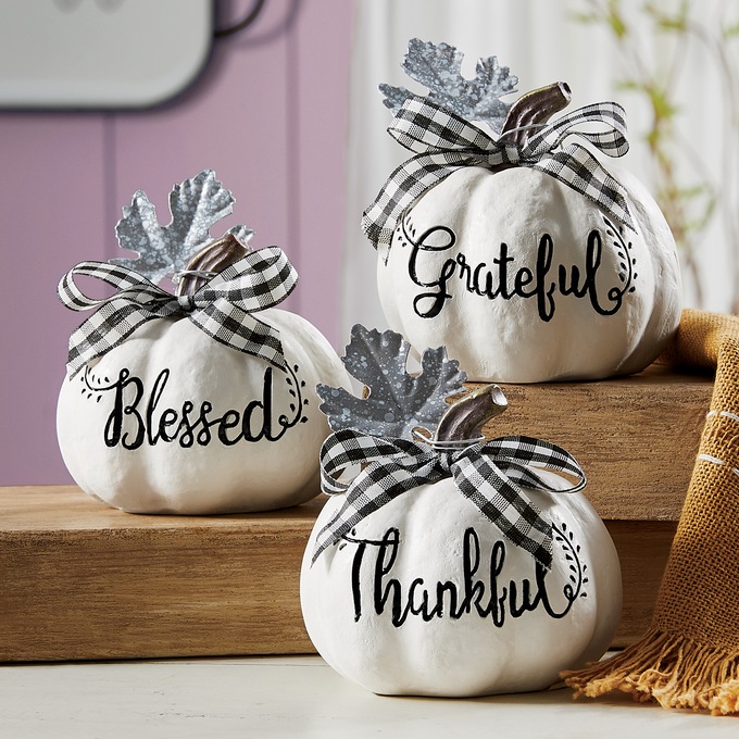 Set of 3 White Pumpkins with Plaid Bows, , large
