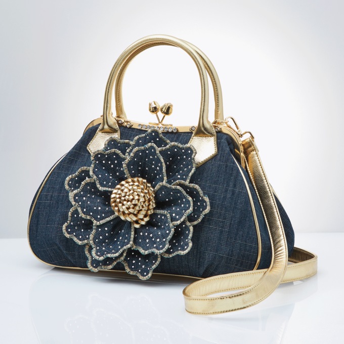 3D Floral Denim Satchel, Blue, large