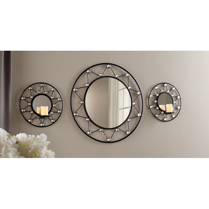 Round Gem Burst Wall Mirror and 2 Round Gem Mirorred Sconces, , large