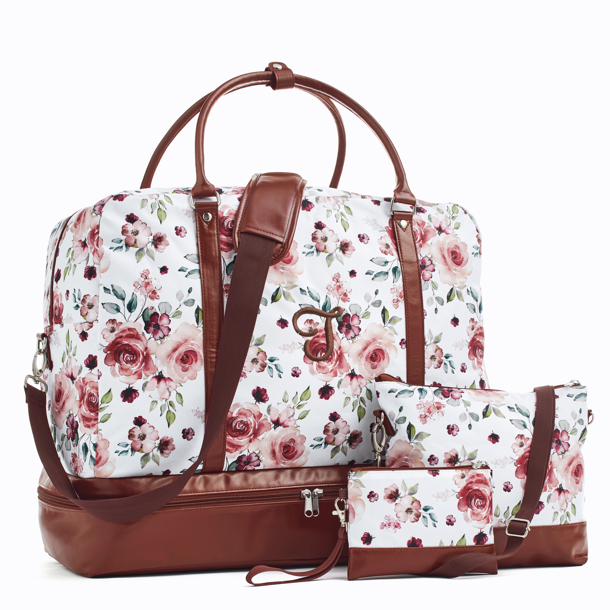 Personalized 3-Piece Weekender Travel Bag Set, Floral Roses, large