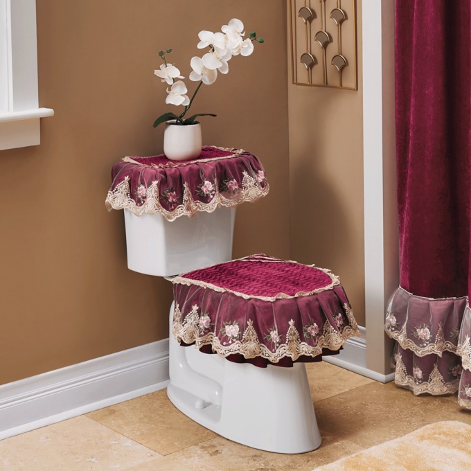Velvet Toilet Cover Set, Wine, large