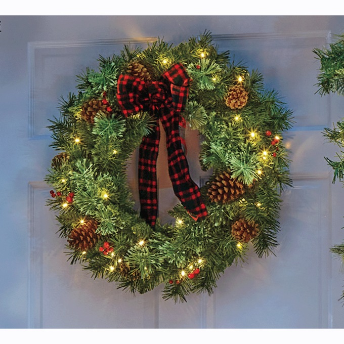 Lit Faux-Cashmere and Pine Wreath, , large